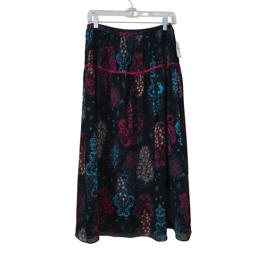 Coldwater Creek Russian Patch Skirt Petite Small PS Black Floral Damask Midi NWT